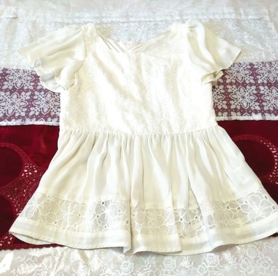 白レースシフォン綺麗ボタン半袖チュニック ネグリジェ ワンピース White lace chiffon short sleeve tunic negligee dress