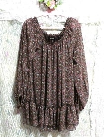 茶色花柄長袖フリルネグリジェチュニック Brown flower pattern long sleeve ruffle negligee tunic