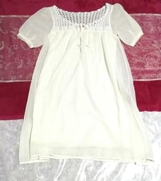 白レースシフォンネグリジェ半袖チュニックワンピース White lace chiffon negligee short sleeve tunic dress