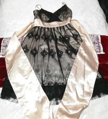 シャンペンピンク黒レースネグリジェキャミソールワンピースドレス Champagne color pink black lace negligee camisole dress