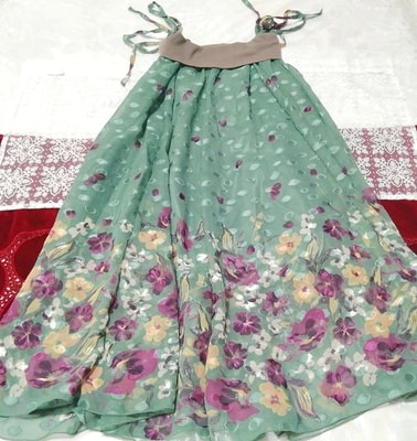 緑紫花柄ニットチェスト シフォンスカート ネグリジェ キャミソールワンピース Green floral knit chiffon skirt negligee camisole dress