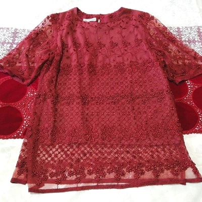 赤ワインレッド花柄レース半袖チュニック ネグリジェ ナイトウェア ワンピース Red wine red floral lace tunic negligee dress