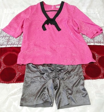 ピンク黒リボンシフォン半袖チュニック ネグリジェ サテングレーボトムス 2P Pink black ribbon chiffon tunic negligee satin gray pants