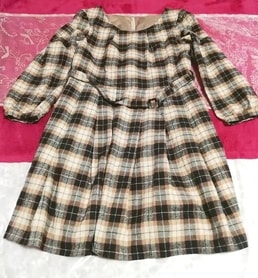 紺茶チェック柄長袖ネグリジェチュニックワンピース Navy brown check pattern long sleeve negligee tunic dress