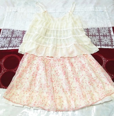 ホワイトシフォンシースルーキャミソール ネグリジェ ピンク花柄ミニスカート 2P White chiffon camisole negligee pink mini skirt