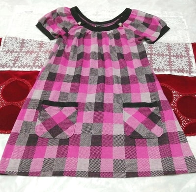 紫黒チェック柄丸ボタンチュニックネグリジェワンピース Purple black check pattern round button tunic negligee dress