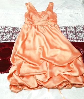 オレンジサテンシフォン ネグリジェ ナイトウェア ノースリーブワンピースドレス Orange satin chiffon negligee nightwear dress