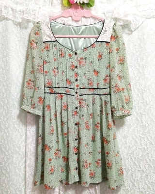 緑花柄シフォン長袖チュニック ネグリジェ ナイトウェア ワンピース Green floral chiffon long sleeve tunic negligee nightwear dress