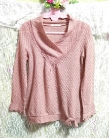 ピンクベージュ薄手リボン付きカットソー長袖 トップス Pink beige thin cut and sewn long sleeve tops