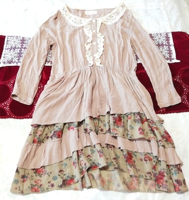 パープルベージュ花柄フリル綿コットン長袖チュニック ネグリジェ ワンピース Purple beige floral frill cotton tunic negligee dress