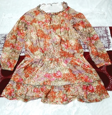 赤オレンジ花柄レースネグリジェチュニックワンピース Red orange floral lace negligee tunic dress