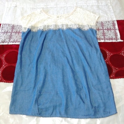 白レースデニムスカートノースリーブチュニック ネグリジェ ワンピース White lace denim skirt sleeveless tunic negligee dress