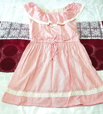 赤縞々白レース綿コットンノースリーブチュニック ネグリジェ ワンピース Red striped white lace cotton sleeveless tunic negligee dress