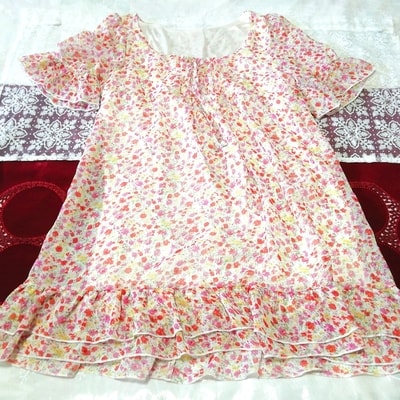 赤花柄シフォン半袖フリルチュニック ネグリジェ ナイトウェアワンピース Red floral chiffon short sleeve frill tunic negligee dress