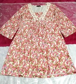 バラ花柄ピンクニットネグリジェ白レースVネックチュニックワンピース Rose flower pattern knit negligee pink white lace V neck tunic