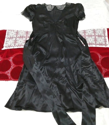 黒サテン絹シルク ネグリジェ ナイトウェア 半袖ワンピースドレス Black satin silk silk negligee nightwear short sleeve dress