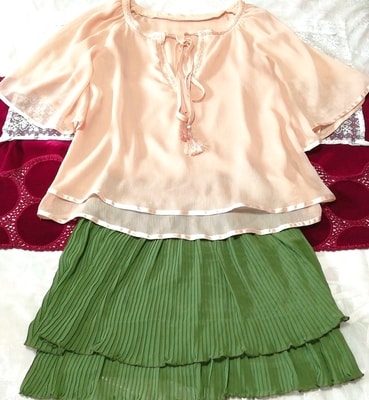 ピンクベージュシフォンチュニック ネグリジェ 緑プリーツミニスカート 2P Beige chiffon tunic negligee green pleated miniskirt