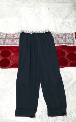 白レースノースリーブネイビーパンツサロペットネグリジェ White lace sleeveless navy pants salopet negligee