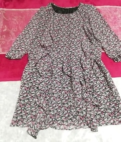 紫黒白花柄シフォン長袖ネグリジェチュニックワンピース Purple black white floral print chiffon long sleeve negligee tunic dress