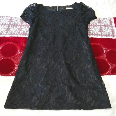 黒レース半袖チュニック ネグリジェ ナイトウェア ワンピース Black lace short sleeve tunic negligee nightwear dress