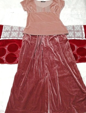 ピンク半袖チュニック ネグリジェ ローズレッドベロアスカーチョ 2P Pink tunic negligee rose red purple luster velour scarcho pants