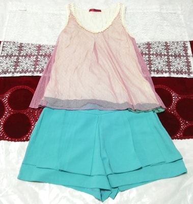 ピンクノースリーブフリルチュニック ネグリジェ 緑ショートパンツ 2P Pink frill tunic negligee green shorts