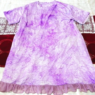 紫フリルアート柄シフォン半袖ロングチュニック ネグリジェ ワンピース Purple frill art pattern chiffon long tunic negligee dress