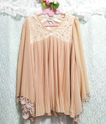 亜麻色着物風フリルシフォン長袖チュニックネグリジェ Flax color frill chiffon long sleeve tunic negligee dress