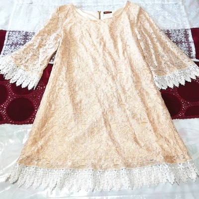 亜麻色白レース長袖ロングチュニック ネグリジェ ナイトウェア ワンピース Flax white lace long tunic negligee nightwear dress