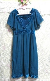 深青緑ブルーグリーンVネックネグリジェワンピースチュニックドレス Deep blue green V neck negligee tunic dress