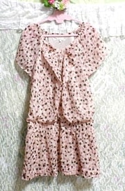 淡い水玉ピンク茶色シフォン半袖ネグリジェチュニックワンピース Pale pink brown chiffon negligee short sleeve tunic dress