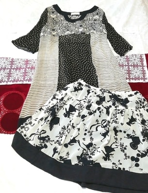 白黒シフォンシースルーチュニック ネグリジェ 切り絵影絵ミニスカート 2P Black white chiffon tunic negligee chiffon mini skirt