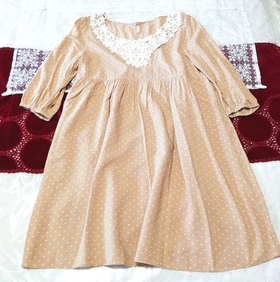 ライトブラウン白水玉長袖チュニック ネグリジェ ナイトウェア ワンピース Light brown white polka dot tunic negligee nightwear dress