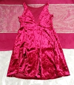 赤紫ベロアVネックネグリジェノースリーブワンピース Red purple velour V neck negligee sleeveless skirt dress