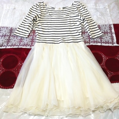 白黒縞々チュールスカート半袖フリルチュニック ネグリジェ ワンピース Black white striped tulle skirt tunic negligee nightwear dress