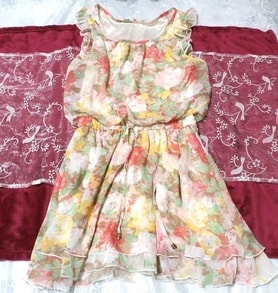 赤緑黄花柄フリルネグリジェチュニックワンピース Red green yellow floral pattern frill negligee tunic dress