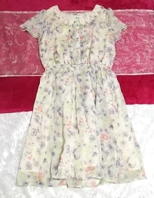 淡い緑花柄シフォン半袖ネグリジェチュニックワンピース Light green flower pattern chiffon negligee short sleeve tunic dress