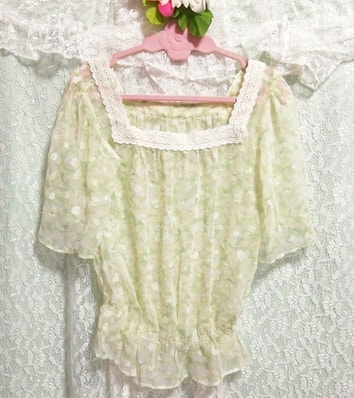 黄緑フワフワ白レースシースルーチュニック Yellow green fluffy white lace see-through tunic