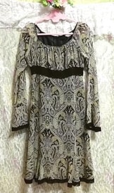 オリーブグリーン黒レースエスニック柄シフォンネグリジェチュニック Green black lace negligee ethnic pattern chiffon tunic dress